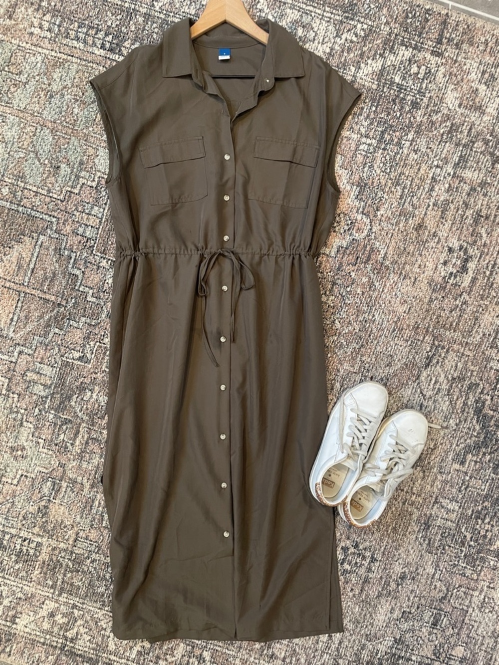 Old Navy | Dresses | Old Navy Shirt Dress Size Small Olive Green Midi Button Front Tie Waist Casual